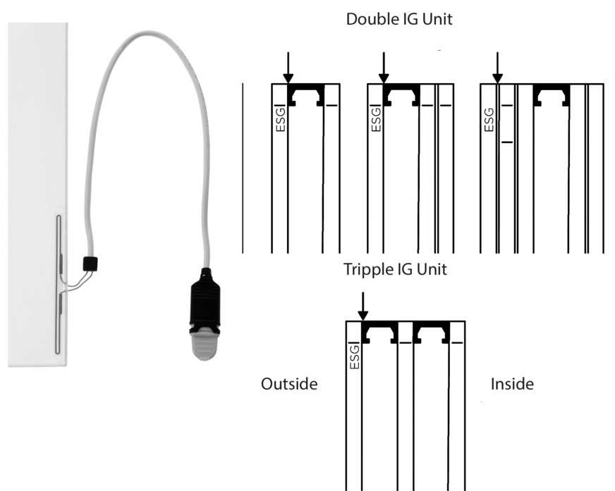 An alarm glass can be realised with almost any glass structure: from laminated safety glass to triple insulating glass. Usually, the alarm loop is applied along the edge seal, as shown here in the examples. A minimum distance of 5 mm is required between the rebate base and the glass edge