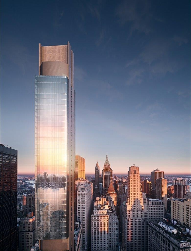 Full glass facade of the 72-story skycraper in 125 Greenwich Street with rounded corners.