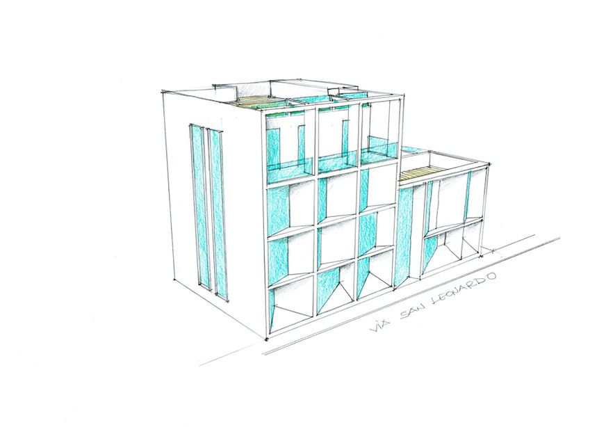 A sketch of the project shows the glass elements in the façade.