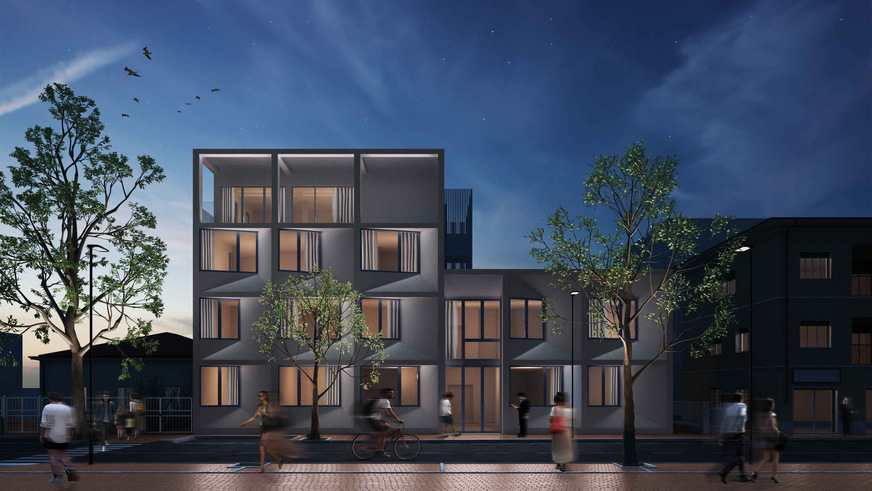 An impression of the building complex at night.