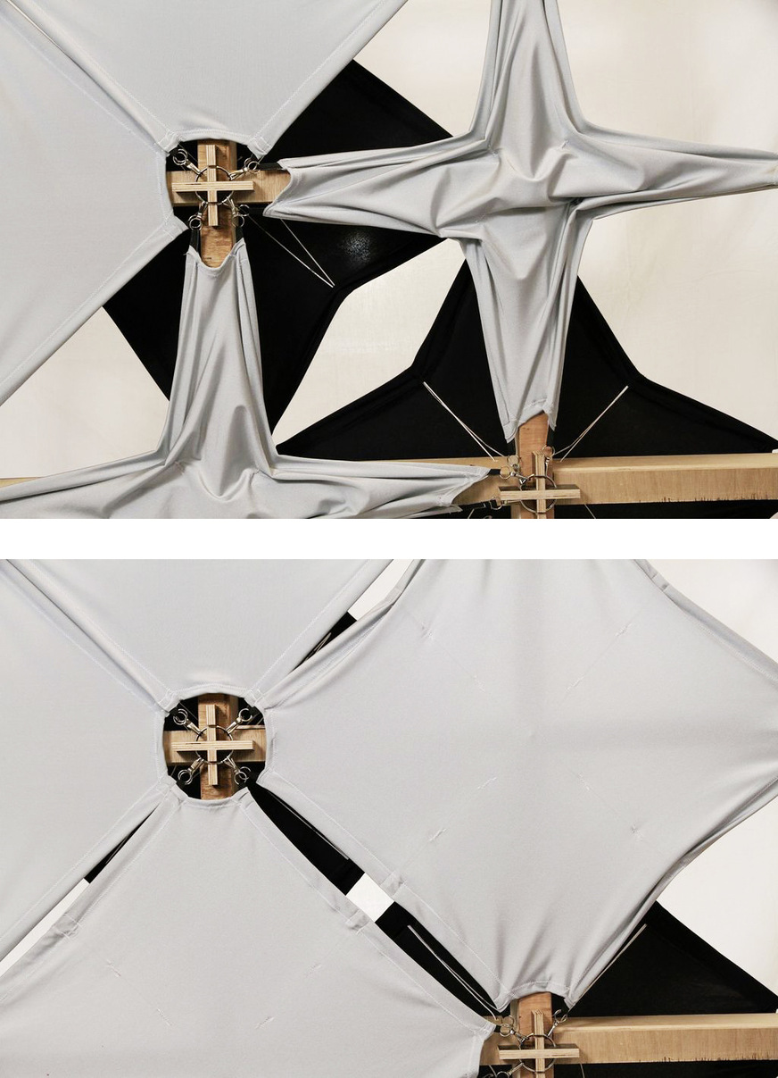These detailed images show the prototype with the inner layer open as well as the sun protection with the inner layer closed (white fabrics) and outer layer closed (black fabrics). The top image also provides a glimpse at the cable pull system.