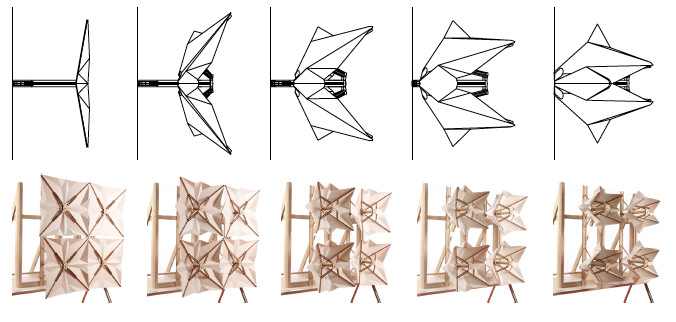 Saku works in reverse principle as a standard umbrella, with the capability to open and close the entrance atrium to various levels of light, views and temperature.