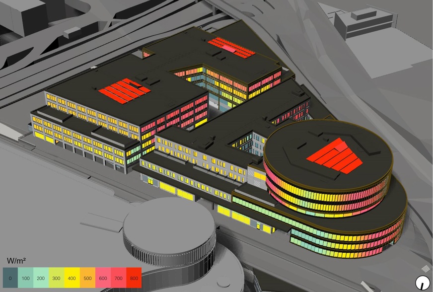Example of a complex building geometry where the solar irradiation is shown on the glass. So, if the design is done properly, peak cooling load is reduced resulting in reduced HVAC size.