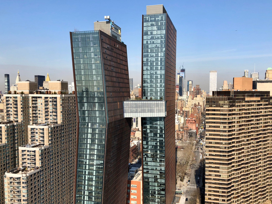 Because of the material that the facade is made of, the American Copper Buildings will slowly turn from their current reddish brown to matt green over the coming decades.