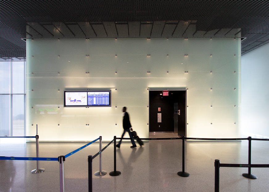 The luminous glass walls also help passengers to find their way.