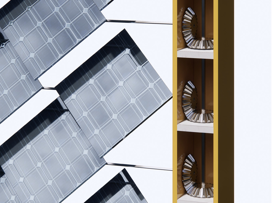 Driven by cogs and gears, the solar elements can be adapted to the position of the sun.