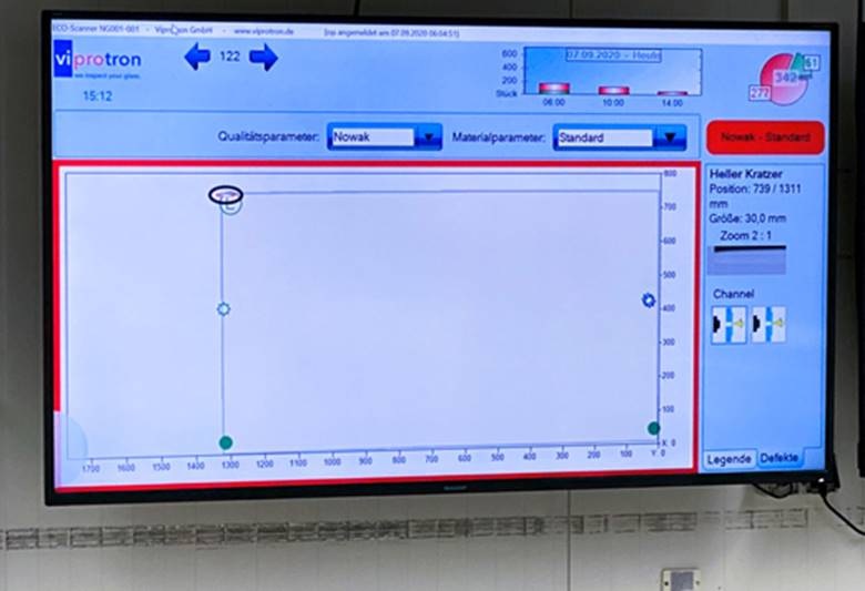 The screen displays the actual glass dimension, quality zones, each defect and its precise position.