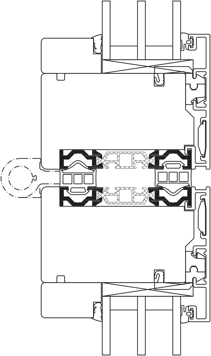 In the Combiline and Woodline versions of the folding wall, an insulating web transfers dynamic loads from the carriage and hinges into the frame and provides stability and insulation.