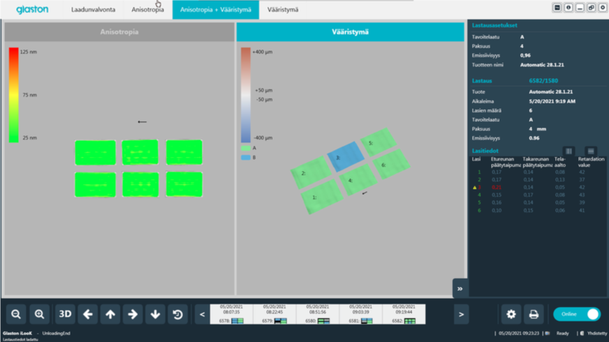 Here is a Glaston user interface showing anisotropy results from Softsolution as part of the pre-stressing process.