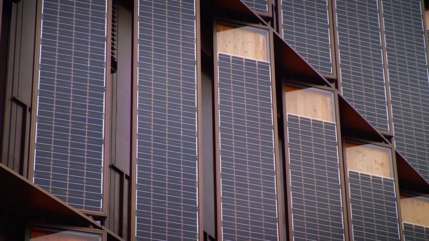 An energy consumer becomes an energy supplier: Vertical PV panels are integrated as sun-shading devices into the facade of the City Administration Centre in Freiburg, Germany.