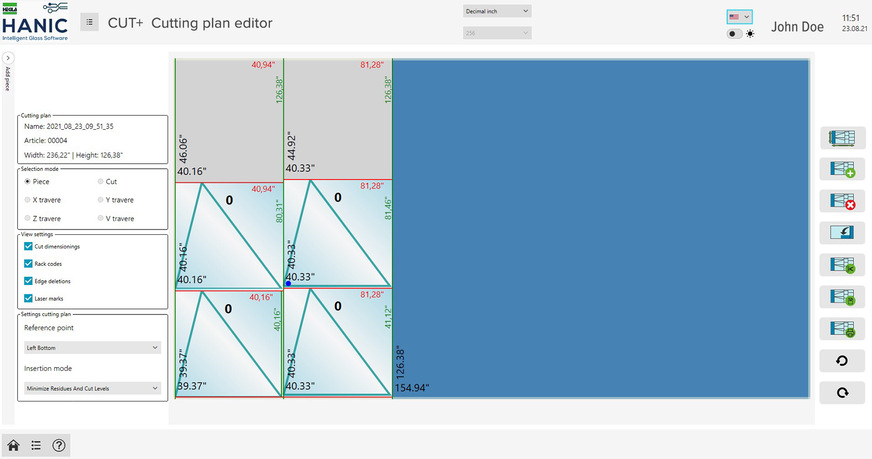 Cutting plans optimised for waste are created automatically. The operator has maximum flexibility by being able to exchange glass pans or change their position in the plan using drag & drop. Breaking edges and, for example, grinding allowances are taken into account by the system.