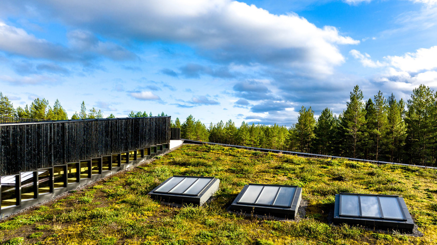 36 Velux Modular Skylights - integrated into the roof surfaces as twelve light strips with three modules each - provide daylight inside the building.