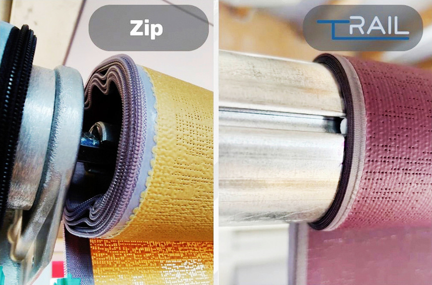 When rolled up, the T-Rail is as flat as the textile itself. The difference in thickness between the zip and the textile can lead to creasing in the edge area even with an offset in the shaft.