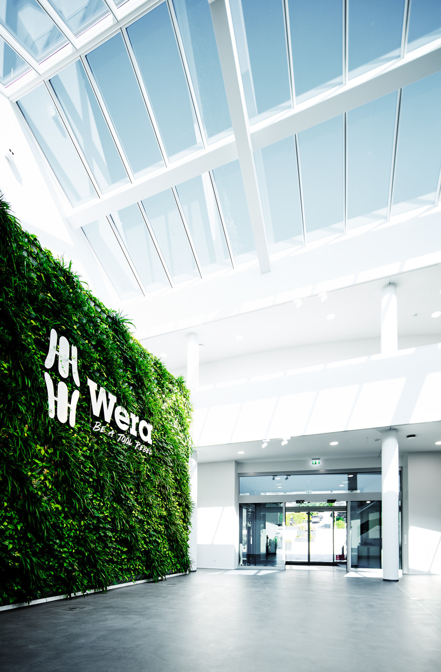 Visitors are greeted by an inviting green wall in the light-flooded entrance area.