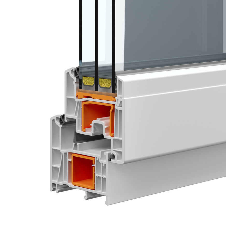 Windows and balcony doors under the name Catadi 80: The multi-chamber PVC-U profile as an MD system with 80 mm installation depth in the frame and multi-bent steel guarantees a Uw value of 0.78 W/(m²K) in conjunction with the standard triple glazing and thus very good energy efficiency parameters.
