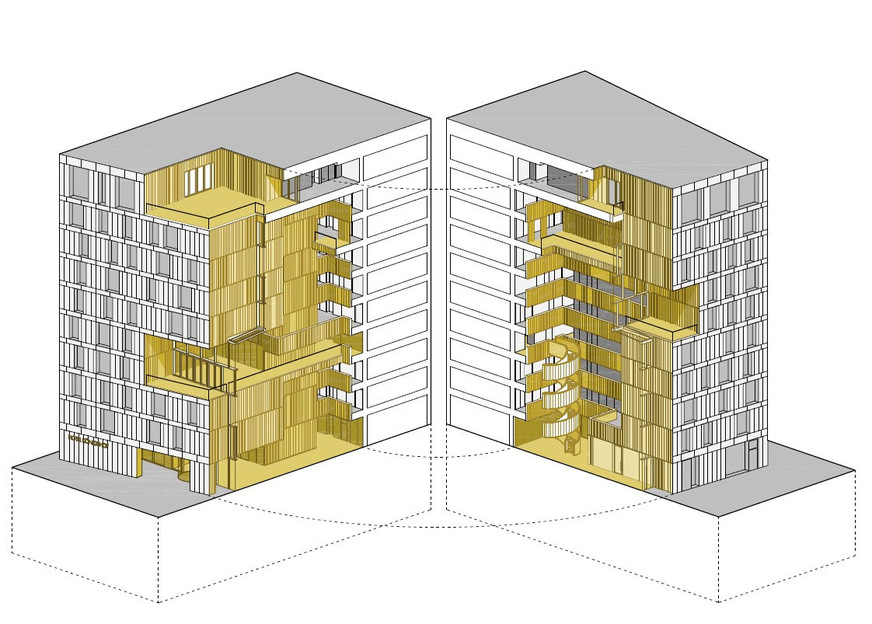 A cut through the building shows: The gap extends from the facade deep into the Koenigshof building, creating a monumental atrium.