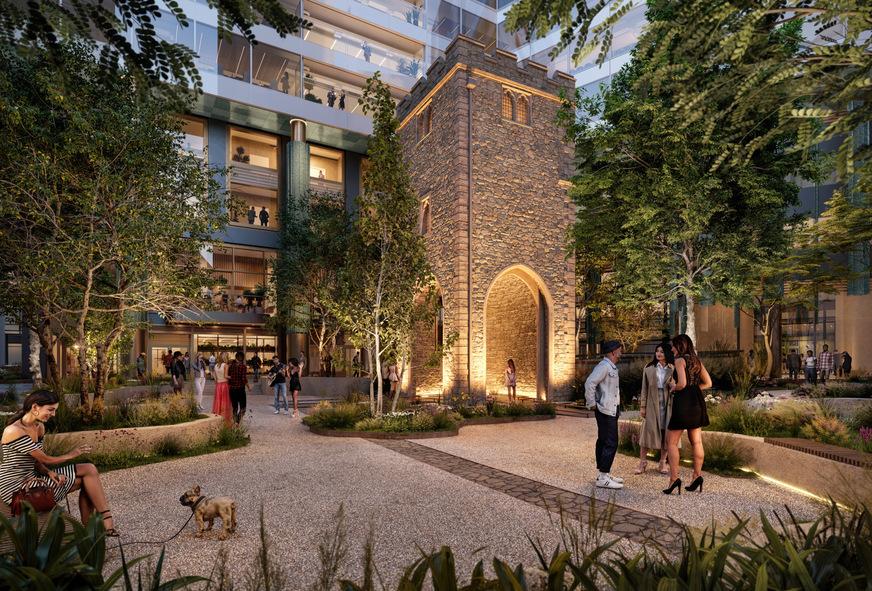 A 1,500 m² public space will be created at ground level, integrating two historic buildings: the steeple of All Hallows Staining Church and Lambe's Chapel Crypt.