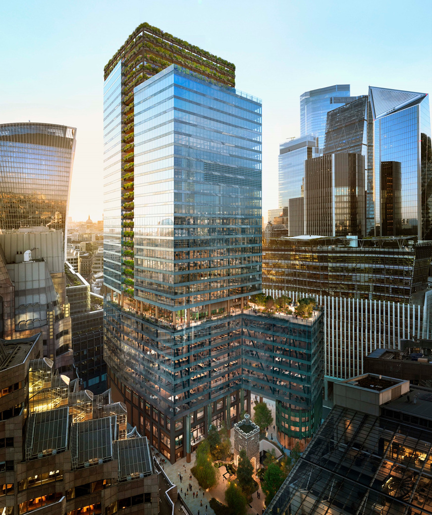 The lower floors of the tower and the new Clothworkers‘ Hall will feature a two-storey post-and-beam facade with a terracotta curtain wall in the Clothworkers’ Hall area.