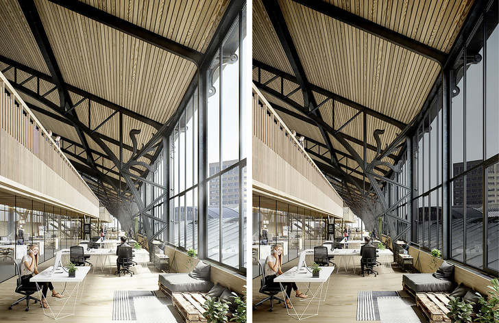 The facades of the newly renovated Gare Maritime in Brussels contain 1633 m2 sensor-regulated switchable panes of Halio glass (in the right picture the glass is dimmed).