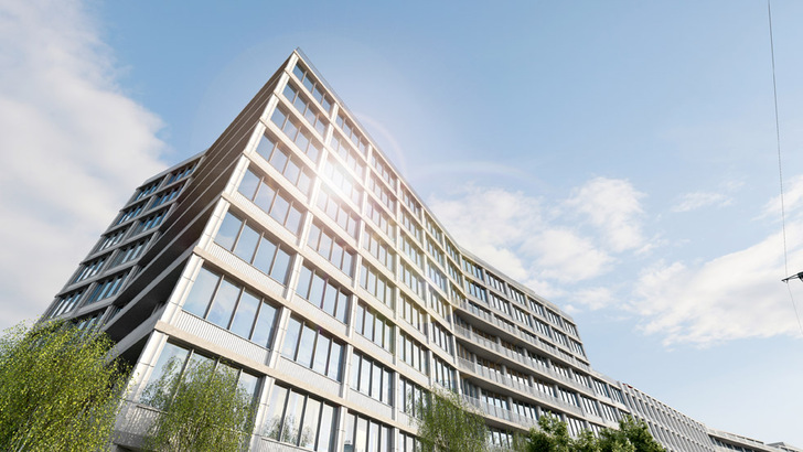 While the base facade is a mullion and transom construction, the shell of the upper floors is a classic perforated facade.