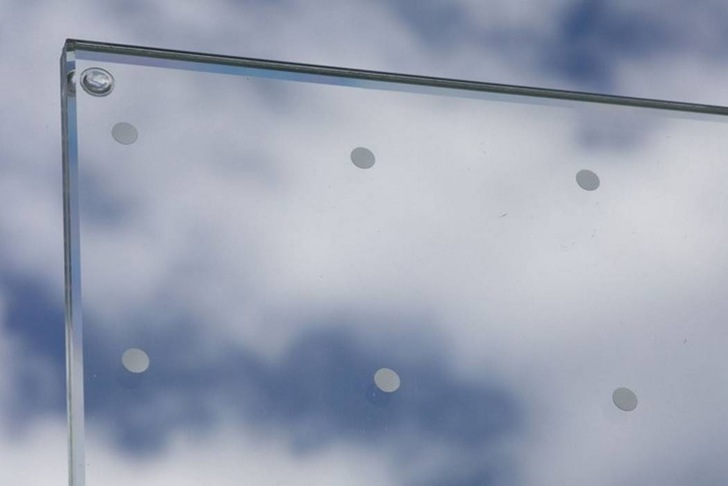 The picture shows a bird strike resistant laminated glass from Seen and Eastman, which has an anti-bird strike film with visual elements in the interlayer that can be seen by birds.