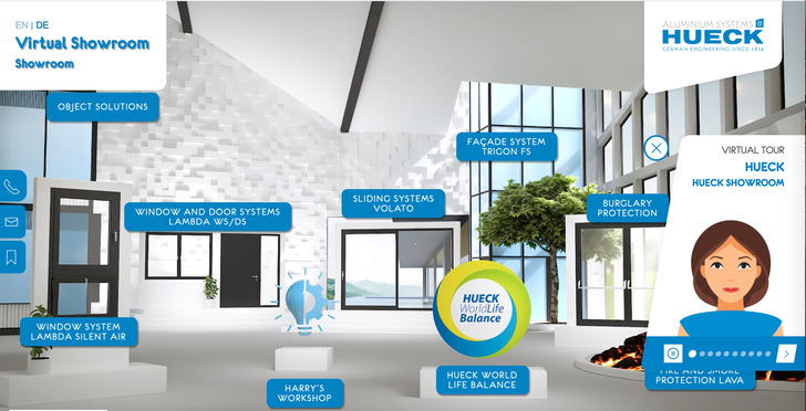 By clicking on the exhibits, visitors to the Hueck showroom receive many product details and examples of implemented reference objects. An intuitive navigation leads through all areas of the showroom. 