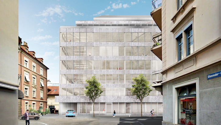 Built in 1980, the property is currently being transformed into a modern office building in line with the concept of circular economy. For the facade, eyrise B.V. is supplying 3,000 square metres of dynamically switchable liquid crystal glass. - © Swiss Prime Sites Immobilien AG

