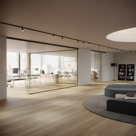 Plenty of light in the room, the new Portavant G 120 sliding hardware makes this possible. The fitting is in black anodised aluminium.