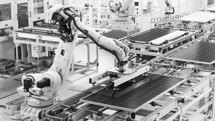 Production line for solar modules in the Modern Bright Factor: Here, solar modules are assembled on a conveyor belt.