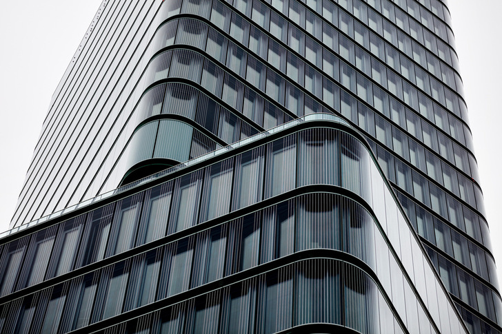 Isolar's Ornilux design lines bird protection glass is installed in the facade of the Porsche Design Tower in Stuttgart.