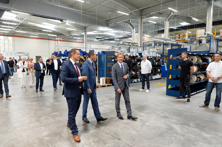During the site visit, Josip Klasic, Managing Director Deceuninck Croatia, leads Belgian Ambassador Nicolaas Buyck and Bruno Humblet (from left to right) through Deceuninck's new and innovative offices and production facility in Croatia.