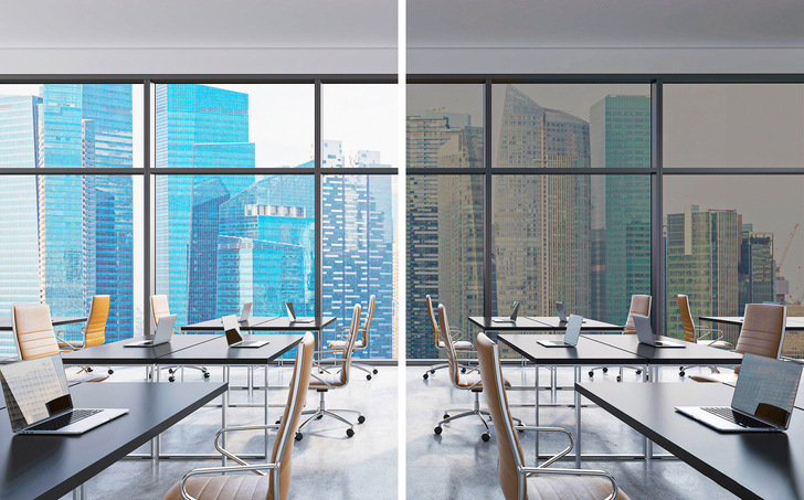 Effective sun protection in the office. These switchable Halio glasses can be switched from transparent to dark at the touch of a button.