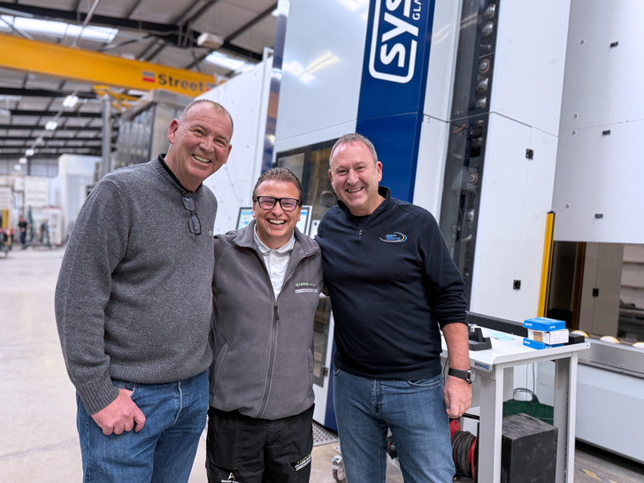 Jonathan Taylor (SGP), Phil Birchhall (Stone and Glass Group) and Andrew Taylor (SGP) in front of the new systron proHD.