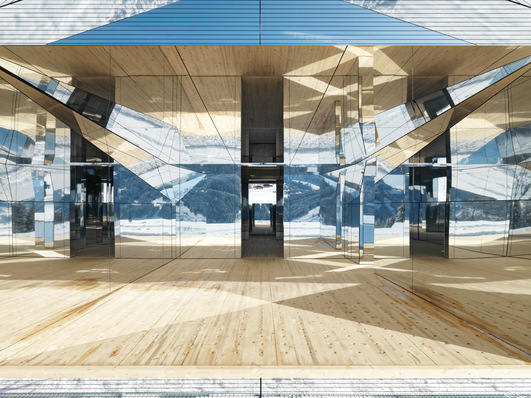 The mirror façade reflects weather, light and landscape, allowing a moving image to pass by in real time. Everything is in flux.