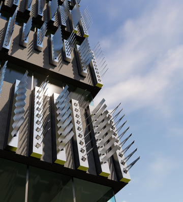 This rendering gives a good idea of what the system will eventually look like as part of an actual facade.