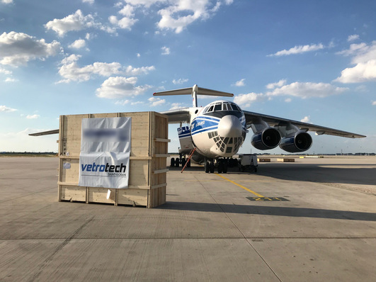 The securely packed bullet-proof XL glass panes at the Cologne airfield, shortly before being transported to the Middle East.