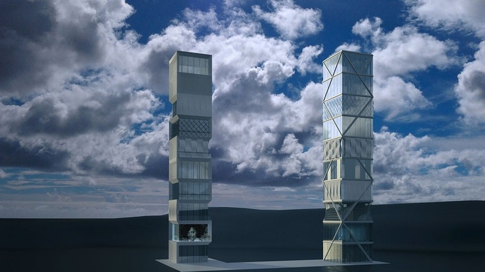 A visualisation of the demonstrator building with different facade modules.