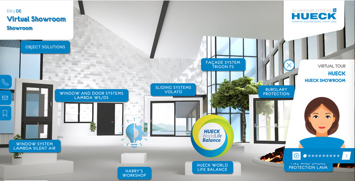 By clicking on the exhibits, visitors to the Hueck showroom receive many product details and examples of implemented reference objects. An intuitive navigation leads through all areas of the showroom. 