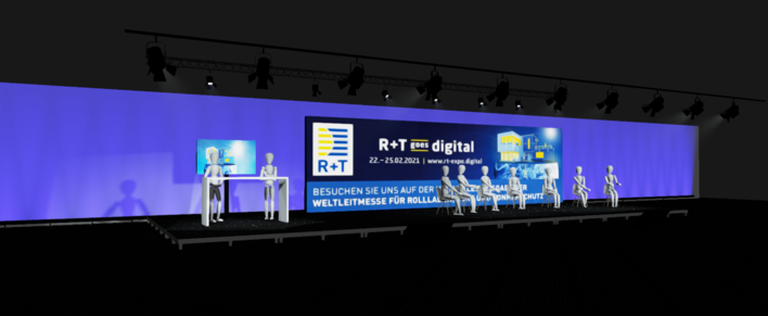 For digital live events such as R+T digital, Neumann&Müller provides the most comprehensive technical solutions for virtual events, here with an 11 m wide LED screen on a 18 m wide stage.