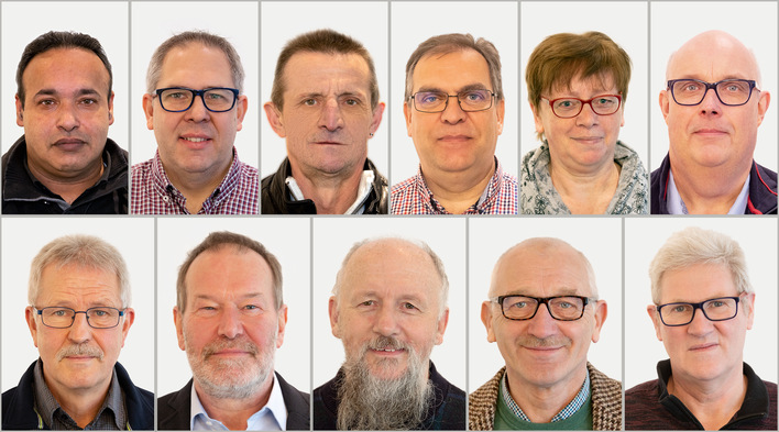 25 years at the company, top row from left to right: Fouad Sharif, Holger Kisters, Hans-Georg Münzer, Stefan Koch. 40 years: Christiane Brökel and Dietmar Vierig. Bottom row: Farewell to retirees Hubert Krull, Herbert Spieker, Jozef Schwarzer, Ferenc Wayand, and Friedrich Gertzen.