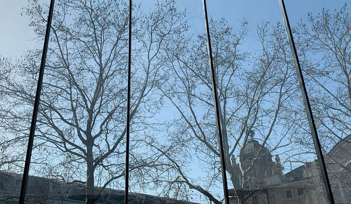 The curved facade glasses, measuring just under 2.8m x 17m, create a spacious, light-flooded lobby area.