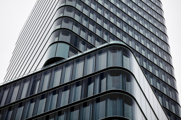 Isolar's Ornilux design lines bird protection glass is installed in the facade of the Porsche Design Tower in Stuttgart.