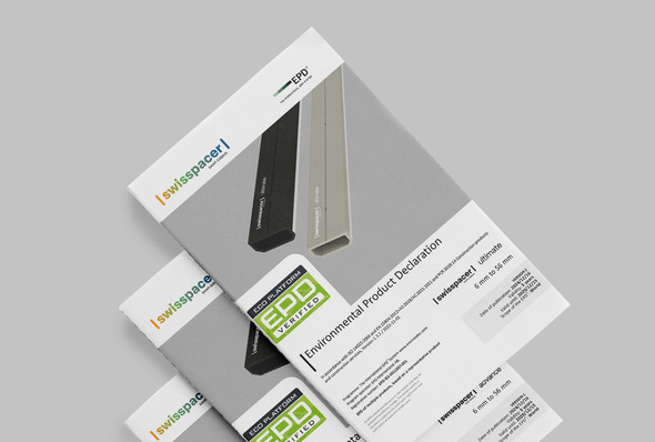 Brochures for Swisspacer's Environmental Product Declaration against a gray background. - © Swisspacer