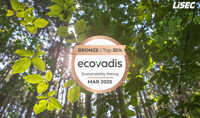 Ecovadis Bronze Sustainability Rating badge in a sunlit forest setting, dated March 2025. - © Lisec