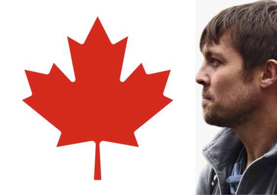 Red maple leaf next to a profile of a man in a gray jacket against a white background. - © GlazingAI/DALL-E