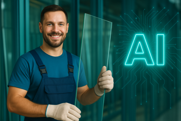 Smiling man in work gloves holds glass pane beside a glowing "AI" graphic in a modern setting. - © AI-generated with ChatGPT