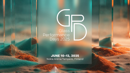 Event poster for Glass Performance Days 2025, June 10-12, Nokia Arena, Tampere, Finland, with a glass design background. - © Glass Performance Days
